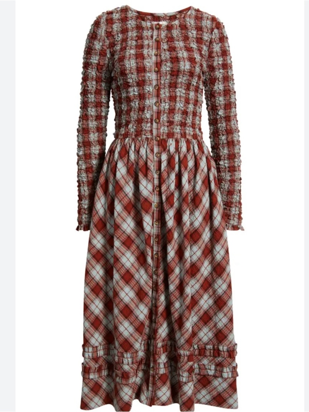 Damson Madder Red Blue Plaid Posey Cardi Organic Cotton Smocked Midi Dress - Picture 2 of 8